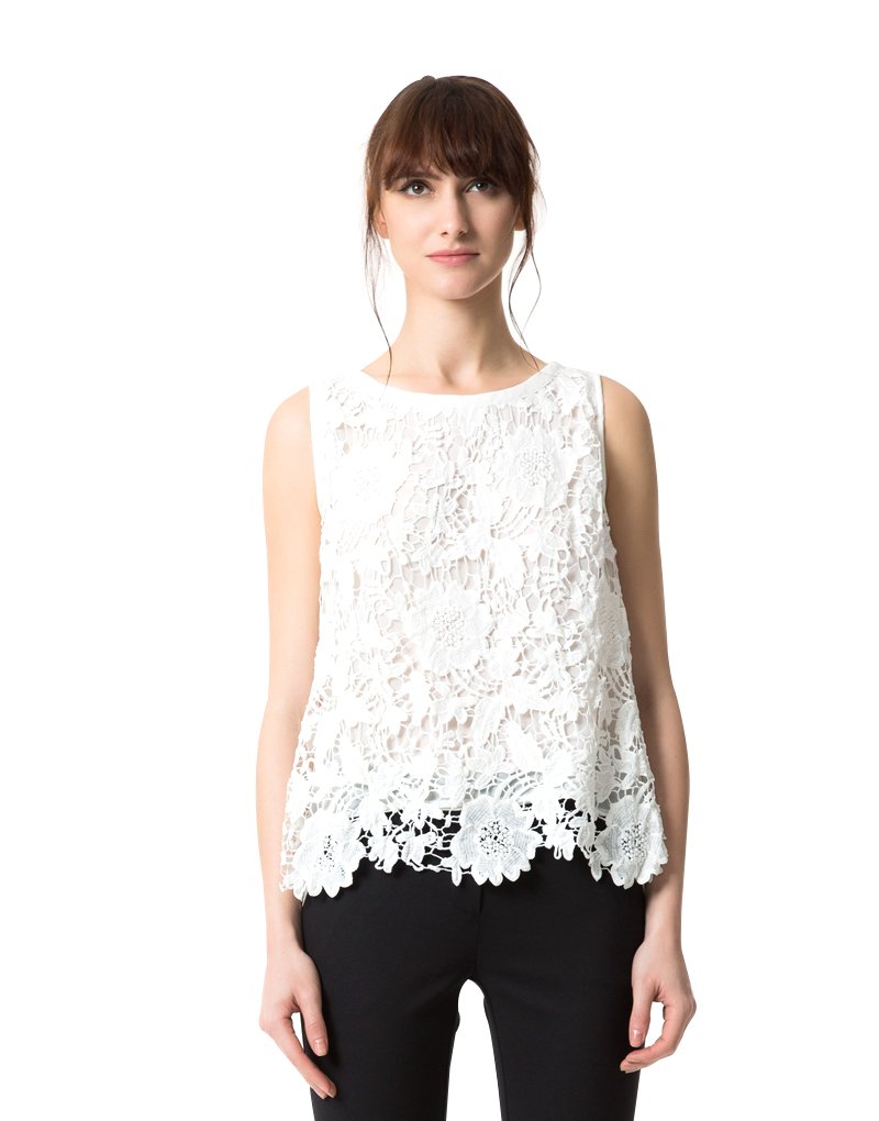 Emma Fischer Women's Chiffon Floral Lace Embroidered-Illusion Sleeveless Top, White, Medium