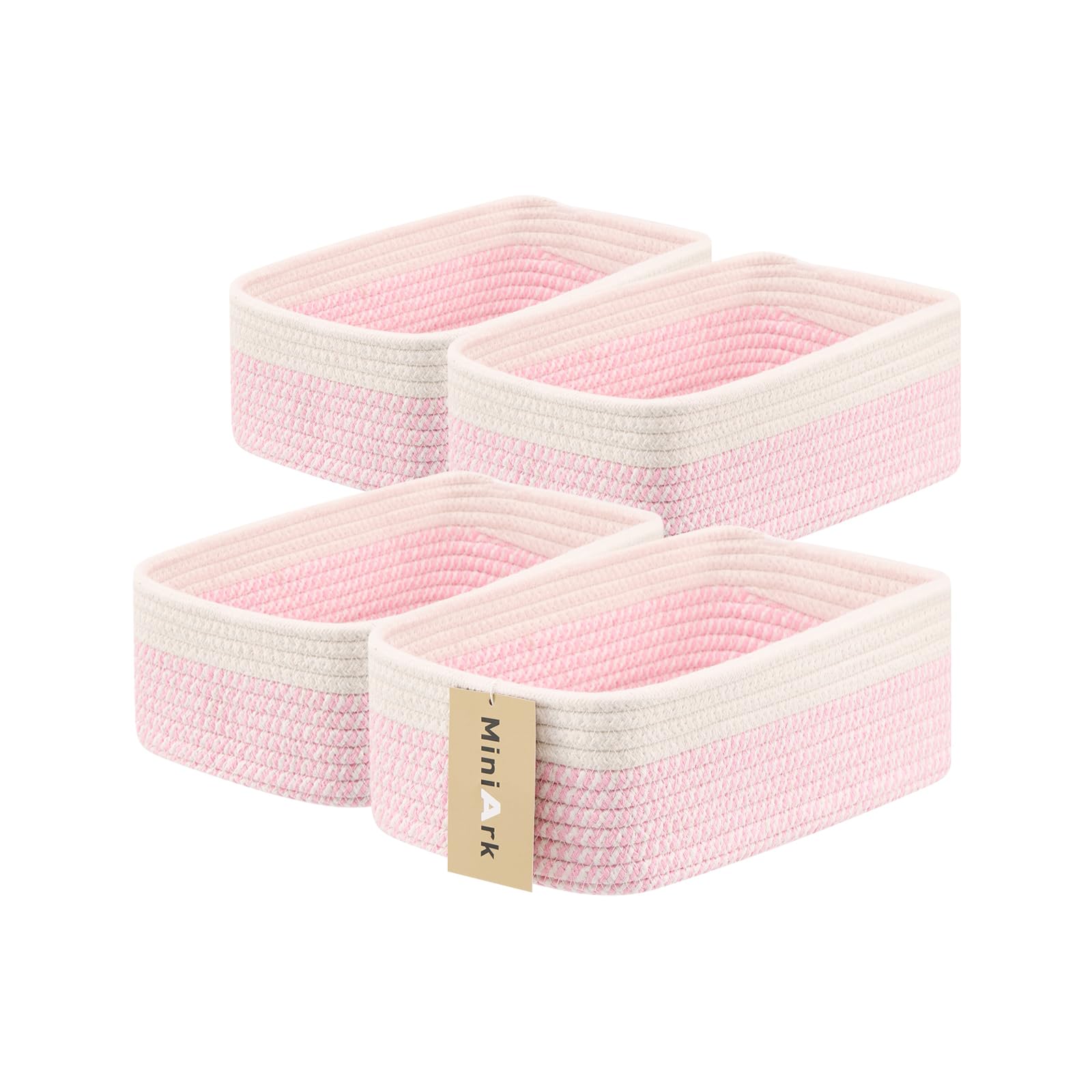 MiniArk Small Storage Baskets for Organizing | Closet Organizer Bins | Shelf Toy Basket | Woven Rope Baskets | Cube Decorative Box | Shallow Basket | 11.5x7.5x4.7” | 4 Packs White Pink