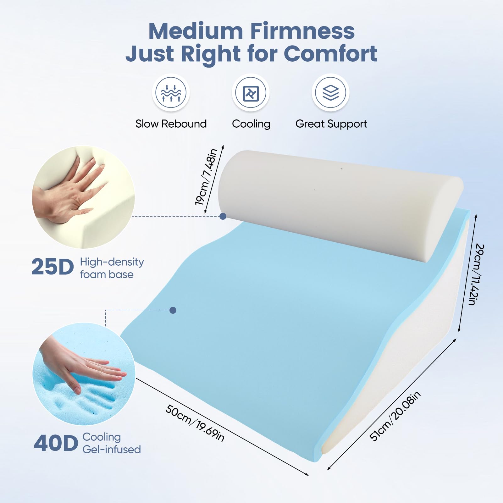 Cuscino da lettura per letto e divano, cuscino curvo a cuneo con memory foam, schienale ergonomico, cuscino reflusso, custodia lavabile, cuscino da reflusso per adulti, 50 x 50 x 30 cm