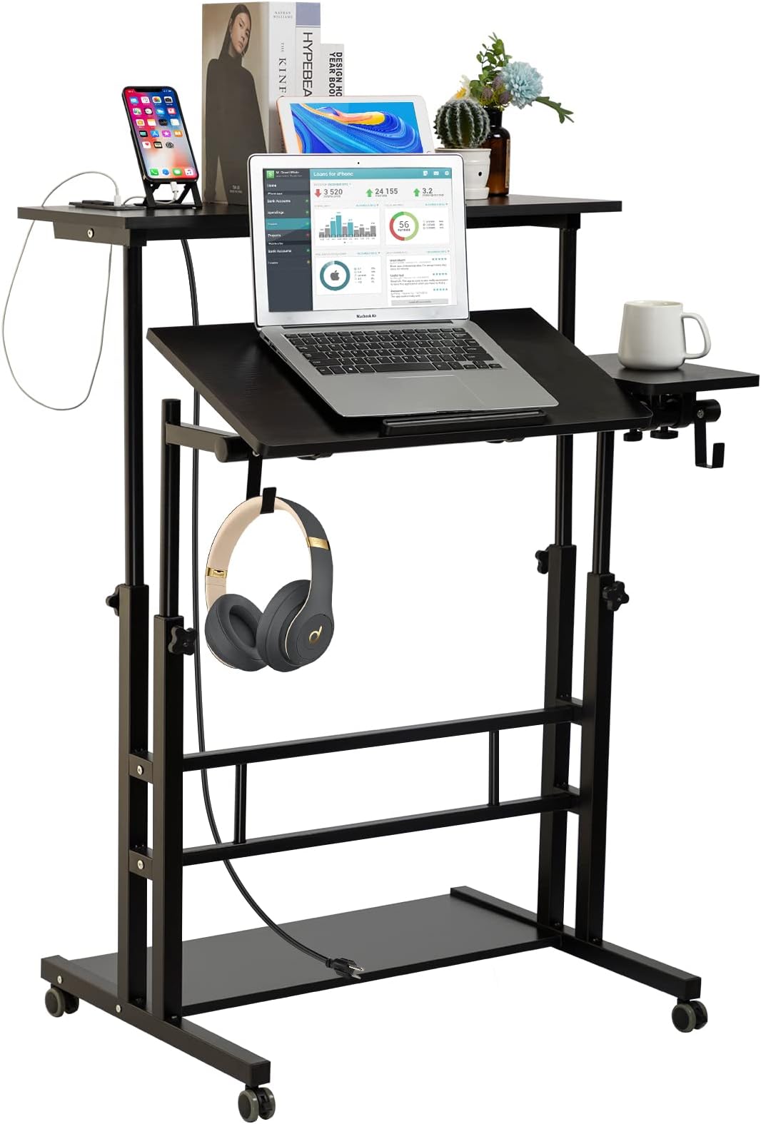 SIDUCAL Mobile Stand Up Desk, Adjustable Laptop Desk with Wheels, Storage Desk Home Office Workstation with USB Ports and Outlets, Rolling Table Laptop Cart for Standing or Sitting, Black