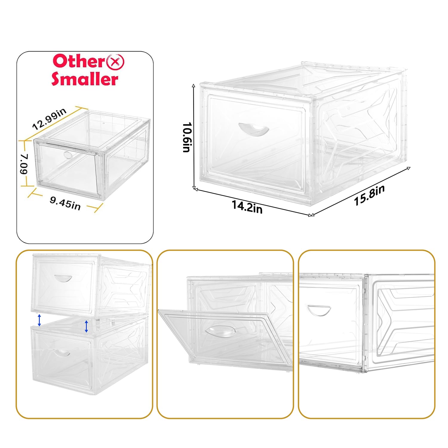 Organizer trasparente spesso e robusto, scatole impilabili per armadio, scarpiera pieghevole salvaspazio, 6 contenitori XL per scarpe con coperchio, per donne/uomini, 40 x 36 x 27 cm.