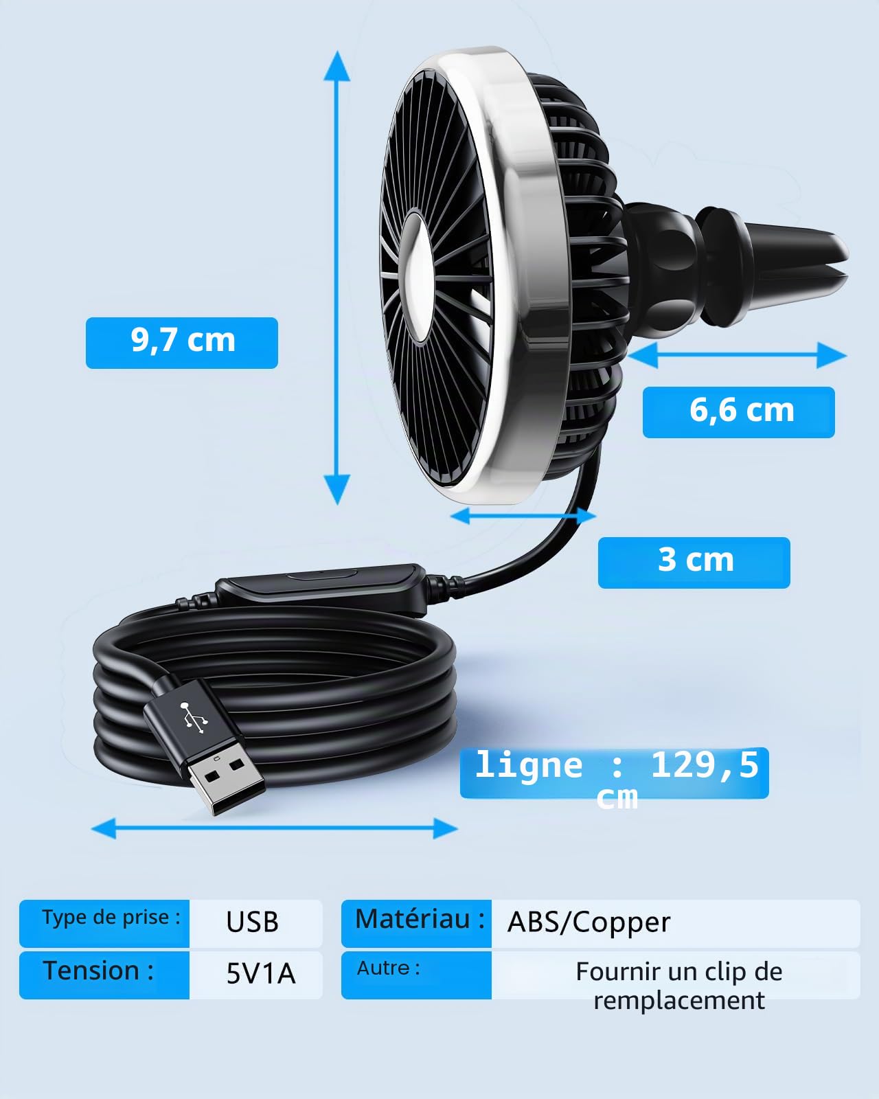 Ventilateur USB de voiture puissant, 3 vitesses, pour SUV, van, camping-car, pickup, ventilateur portable de refroidissement
