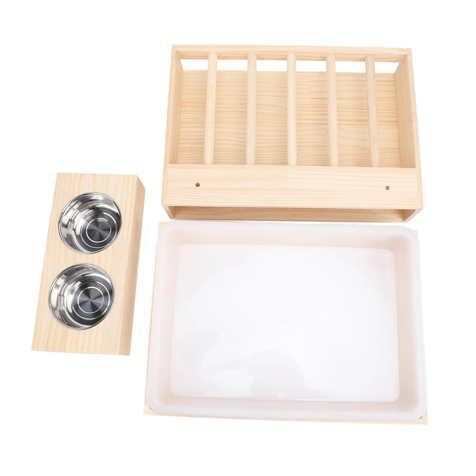 Distribuidor automático de heno para Conejos Comedero de heno for Conejos con Caja Arena, 2 Cuencos Acero Inoxidable, Pesebre alimentación Madera a Prueba Suciedad for Animales pequeños hámster