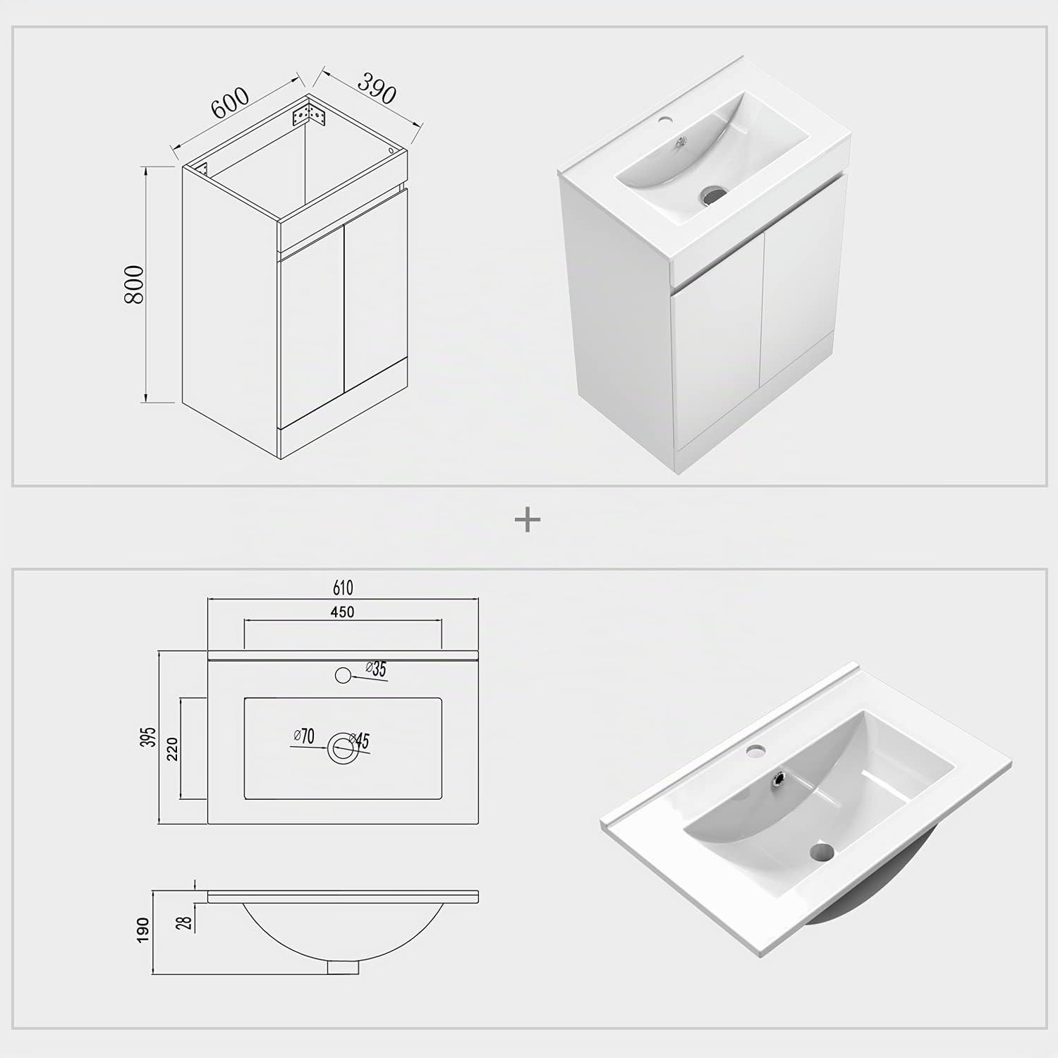 Aica Sanitär Waschtisch mit Unterschrank 60 cm Badmöbel Set mit Waschbecken Keramik dünn Gäste WC Weiß Matt