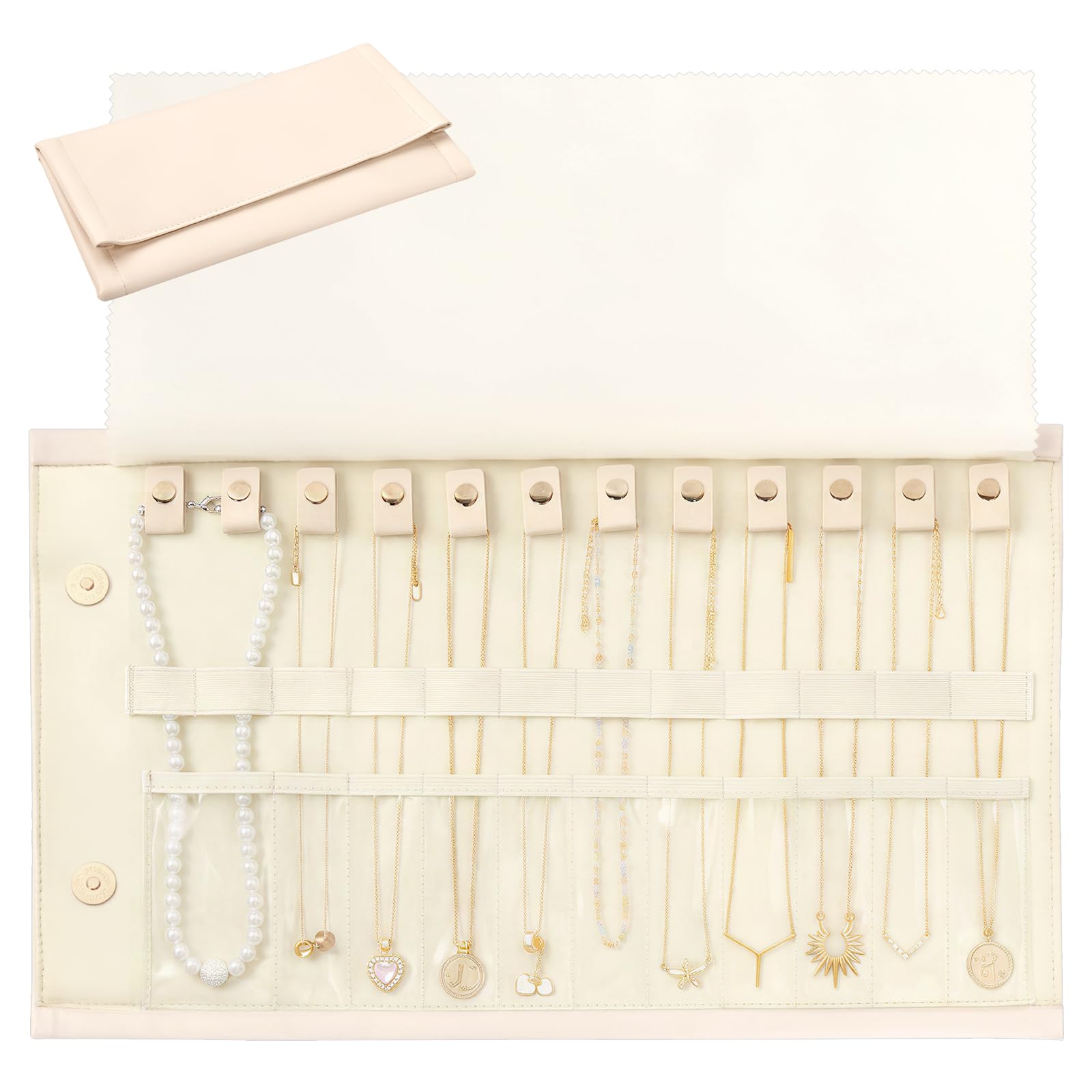 shaojian Jewellery Rolls for Travelling, Foldable PU Leather Necklace Organiser with 12 Necklace Hooks, Tangle-Free Portable Jewellery Pouch for Women(Beige)