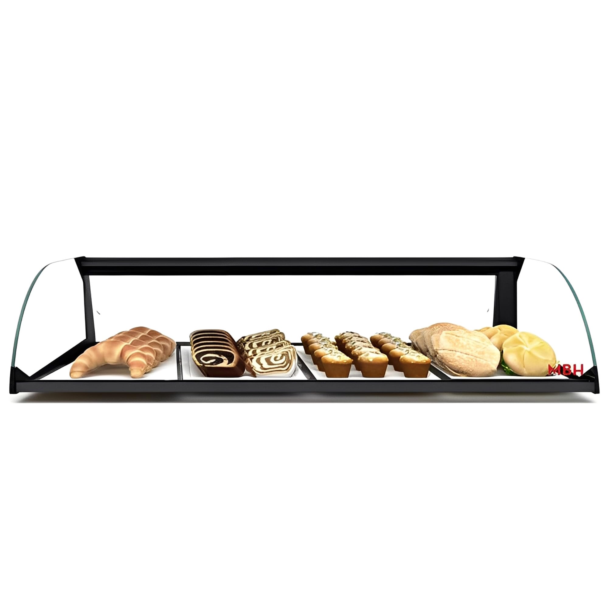 MBH - Expositor neutro simple de cristal curvado de 84cm para hostelería. Vitrina expositora de sobremesa neutra para bar y restaurante.