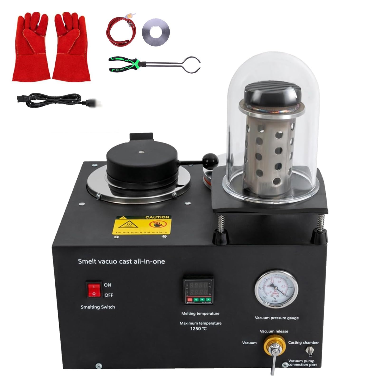 Vakuumgießmaschine für Metallschmuck, Digitalanzeige, inklusive Handschuhe und Tiegelzange, 2 kg Graphittiegel, maximale Temperatur 1250 °C, ideal zum Schmelzen von Silberschrott