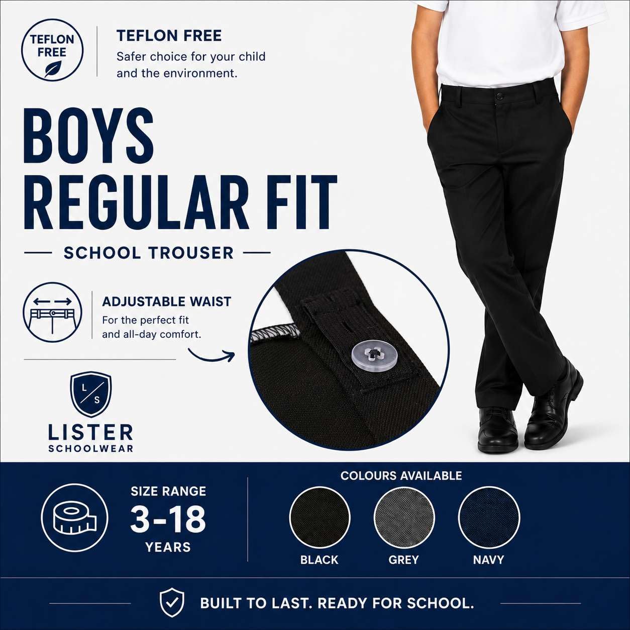 2PK - Pantalones escolares de cintura ajustable para niños, ajuste regular, color negro, gris carbón, azul marino, 3-18 años