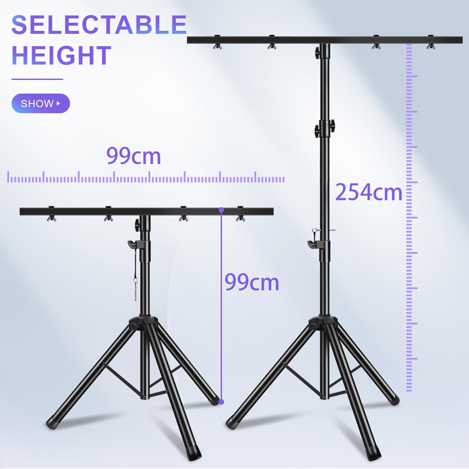 Lot de 2 trépieds lumineux avec traverse - Hauteur réglable de 1 à 2,5 m - Pour éclairage de scène et de concert, jusqu'à 4 lampes DJ