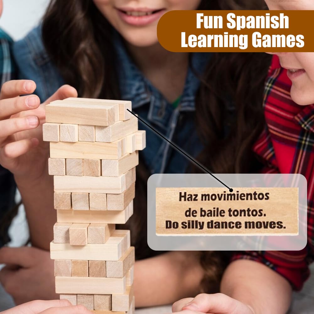 Magictodoor Spanish Learning Games for Kids | Stacking Tower Game | Bilingual Gifts for Family Classroom | 54 Blocks with Hilarious Commands | Ideal Board Game