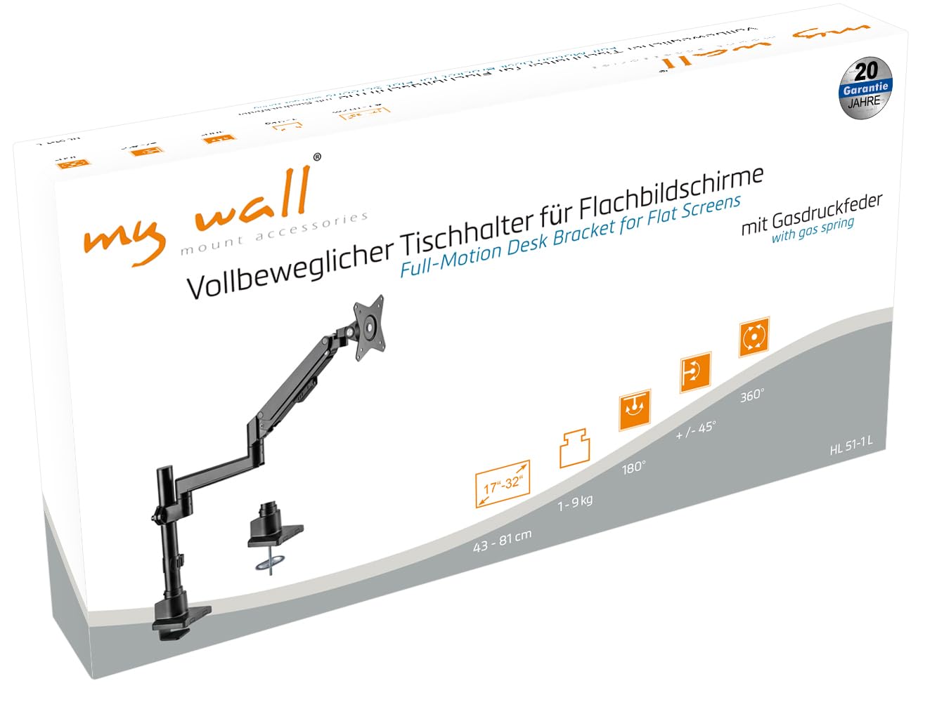my wall HL51-1L - Supporto per monitor 1 schermo, braccio per monitor, 17-32 pollici, con molla a gas, supporto da tavolo VESA, carico fino a 7 kg