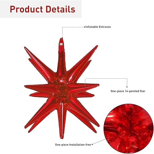 Miniatura 3 de 6 globos de papel de aluminio con forma de estrella roja, de una sola pieza, globos de estrella de 14 puntas con forma de cono de estrella 4D,