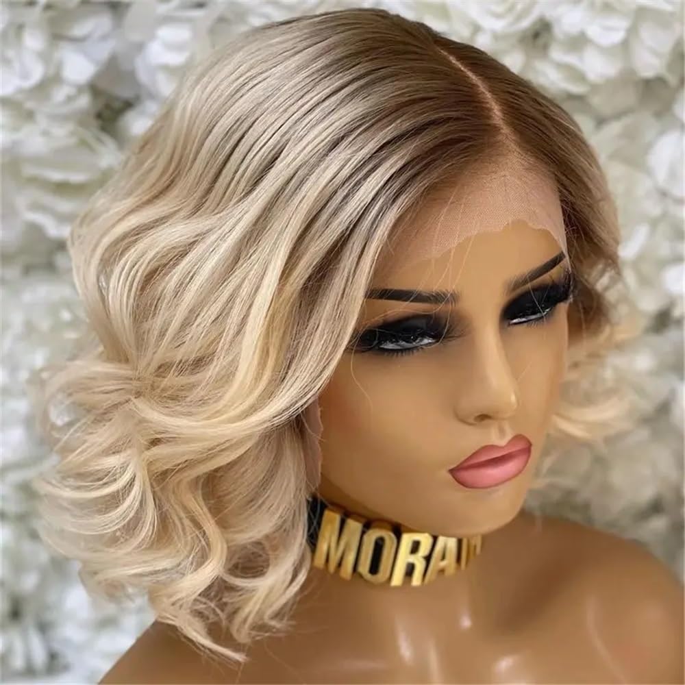 Ombre blond peruki damskie falowane peruki do ramion z linią włosów koronkowe wstępnie przycięte, środkowa część naturalna syntetyczna efekt naturalny i obszerna (14 cali)