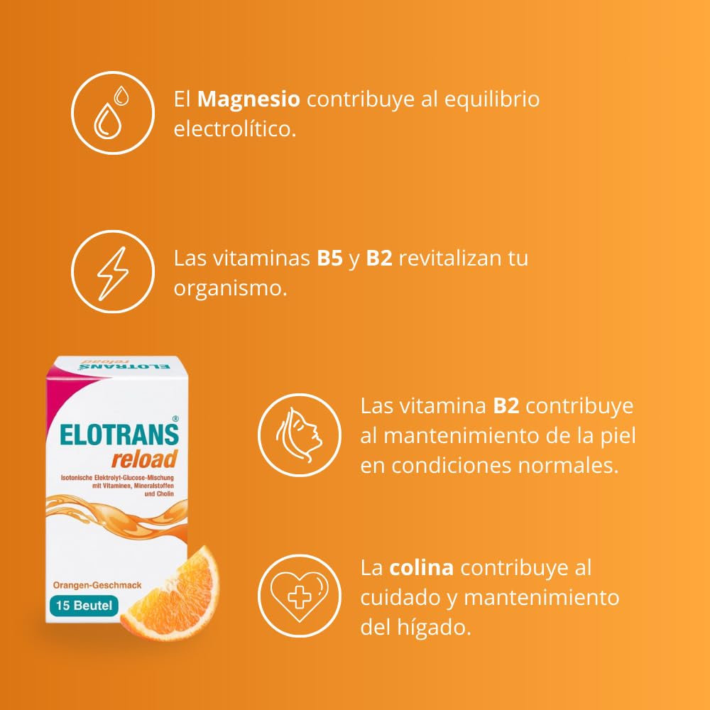 ELOTRANS Reload - Electrolitos, vitaminas y minerales en sobres sabor naranja - Mezcla isotónica para hidratación intensa - 15 sobres