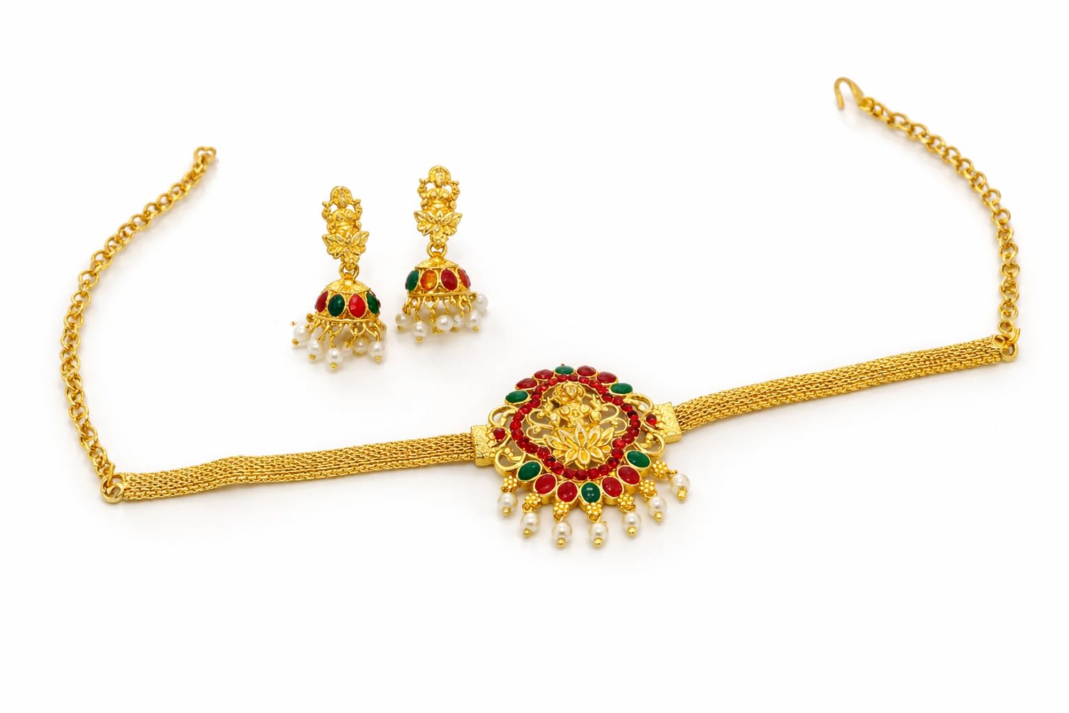 Temple Jewellery Choker Necklace Set, Gold Plated Traditional South Indian Style with Red Green Stones Pearl Drops