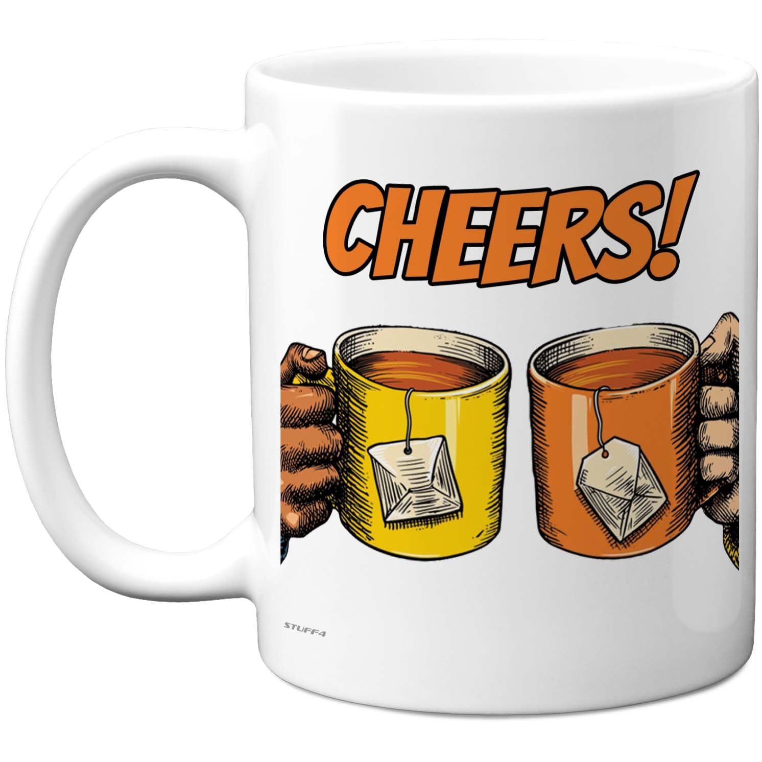 Stuff4 Cheers Mug - Colourful Tea Celebration Design - Uplifting Gift for Friends or Colleagues - 11oz Ceramic Gloss Mug