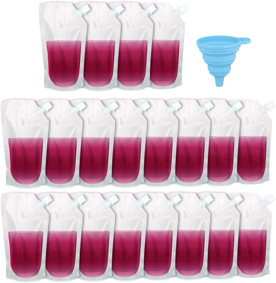 Yousen 20 Pcs Drink Pouches for Adults & Kids, Plastic Drink Bags with Funnel, Reusable Liquor Bag Concealable Alcohol Flask (16oz), Transparent