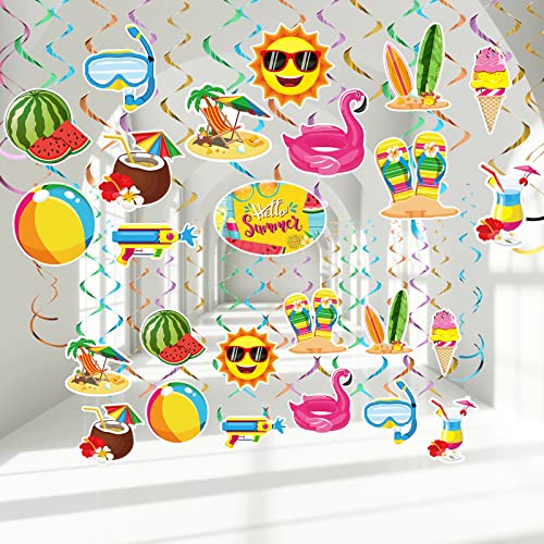 Image of Pajean 30 Pcs Summer Pool Party Hanging Swirls, Summer Ceiling Hanging Decor, Beach Hanging Swirl Decor for Kidss Kids Summer Beach Tropical Hawaiian Luau Birthday Party Favors Supplies