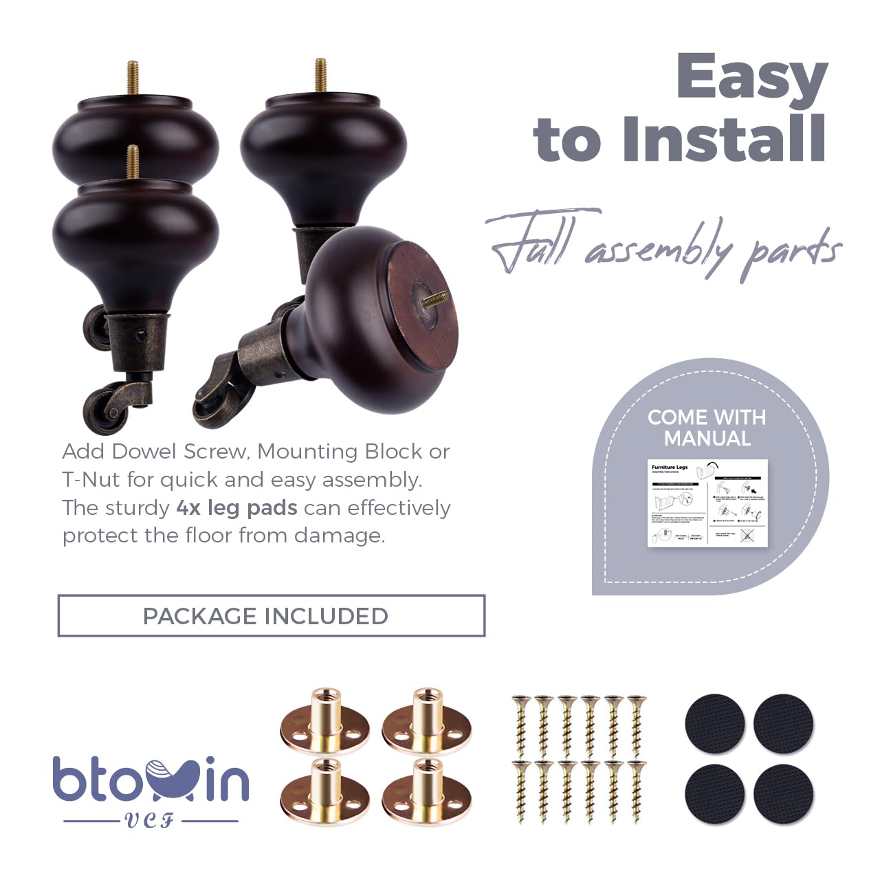 4.8 inch / 12cm Furniture Legs with Castors - Image 4