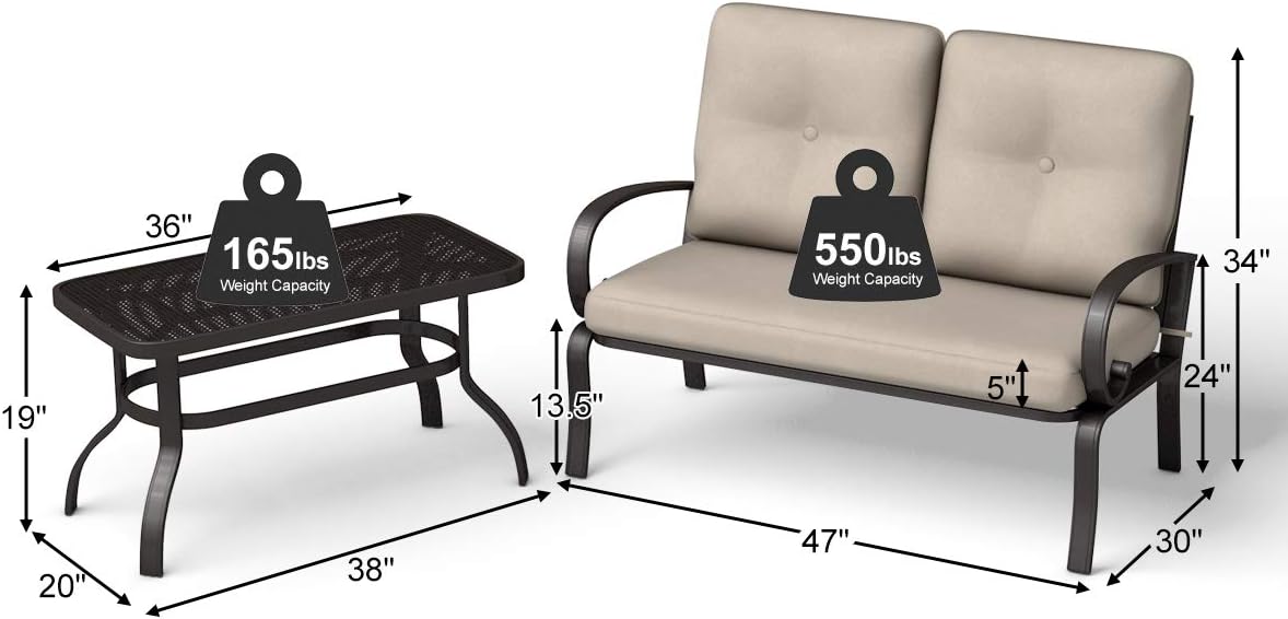 Casart Modern Loveseat and Coffee Table Set, 2 Pcs Loveseat Furniture Set with Cushion and Metal Frame, Perfect for Patio, Garden and More