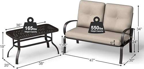 Miniatura 5 de Giantex Sofá biplaza de patio de 2 piezas con mesa auxiliar, banco al aire libre con cojín y marco de metal, sofá de dos plazas para jardín, patio