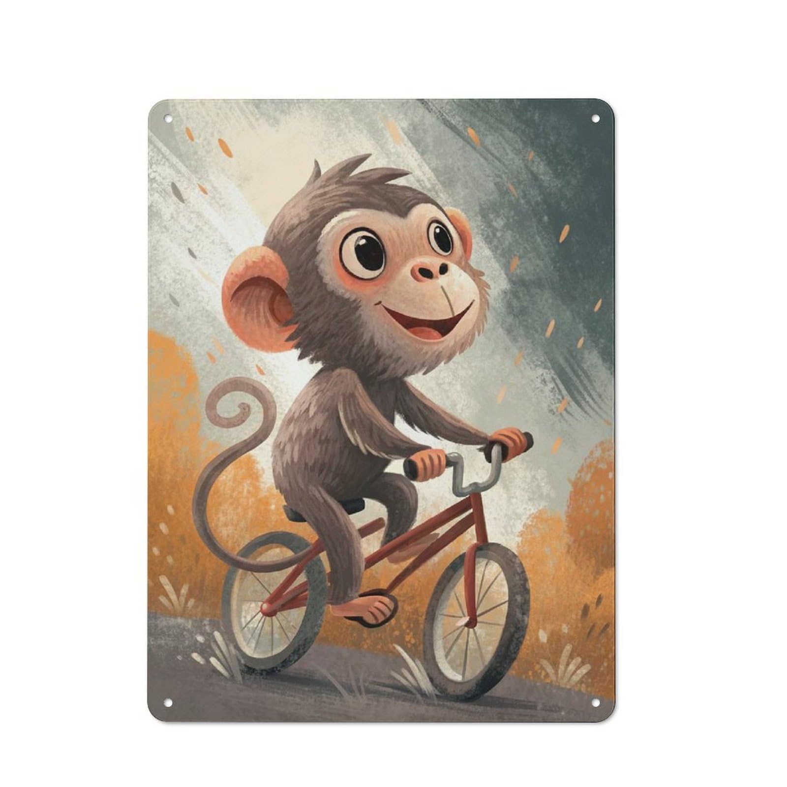 Junmoney Style-9 For Lounge Or Reading Corner, Monkey On A Bicycle Illustration Retro Tin Sign 40X30cm, Gift For Reading Corner Decorators During The Christmas Season