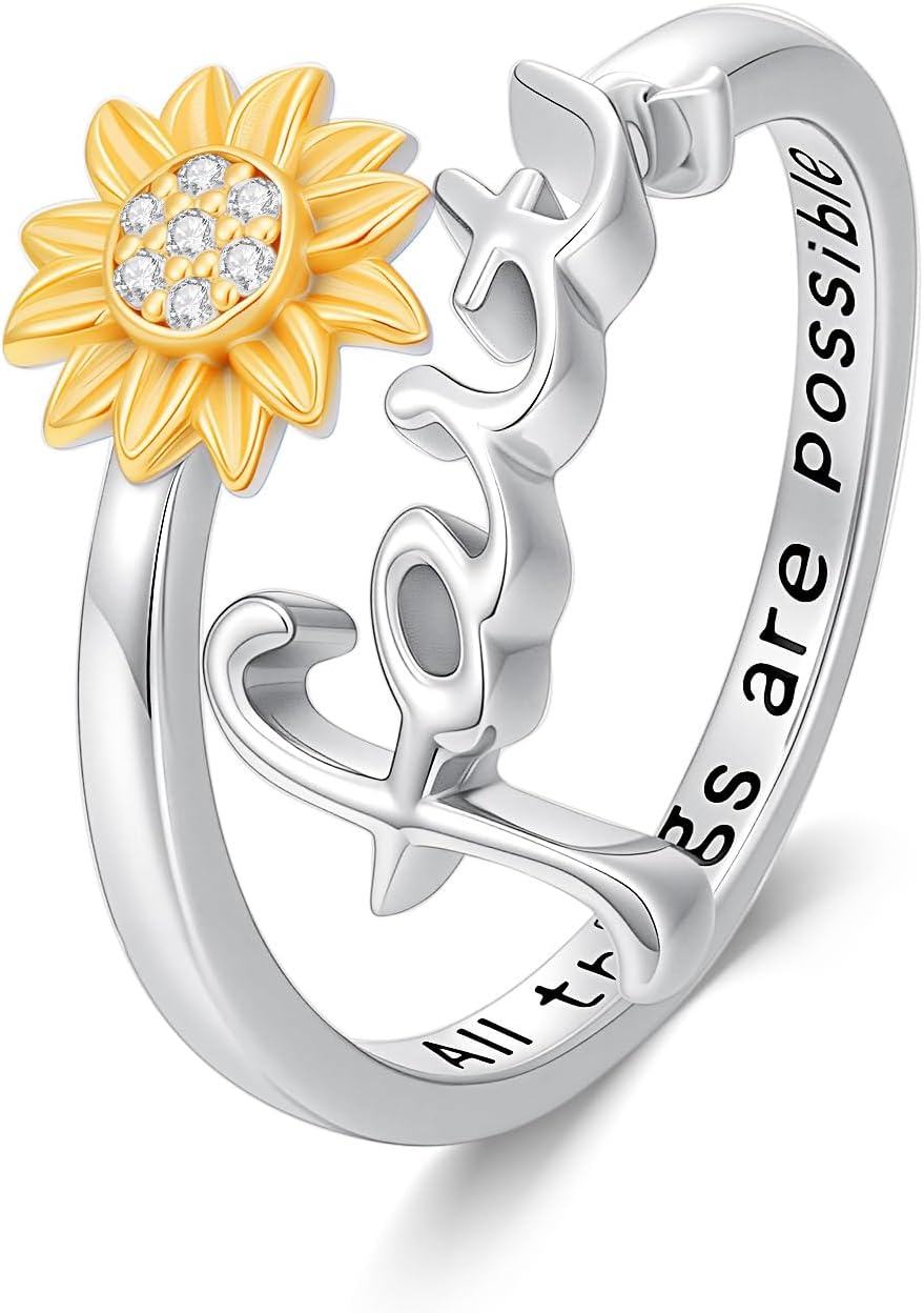 Diamond Sunflower Faith Ring for Women 925 Sterling Sliver Adjustable You Are My Sunshine Sunflower Open Faith Ring Religious Christian Jewerly Gifts