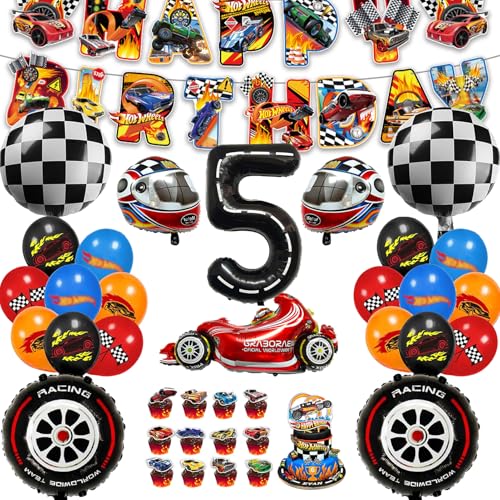 54 Peças Conjunto de Aniversário para Meninos Hot Wheels 5 Anos, Decoração de Festa de Aniversário, Decoração de Balões de Festa de Aniversário para Crianças