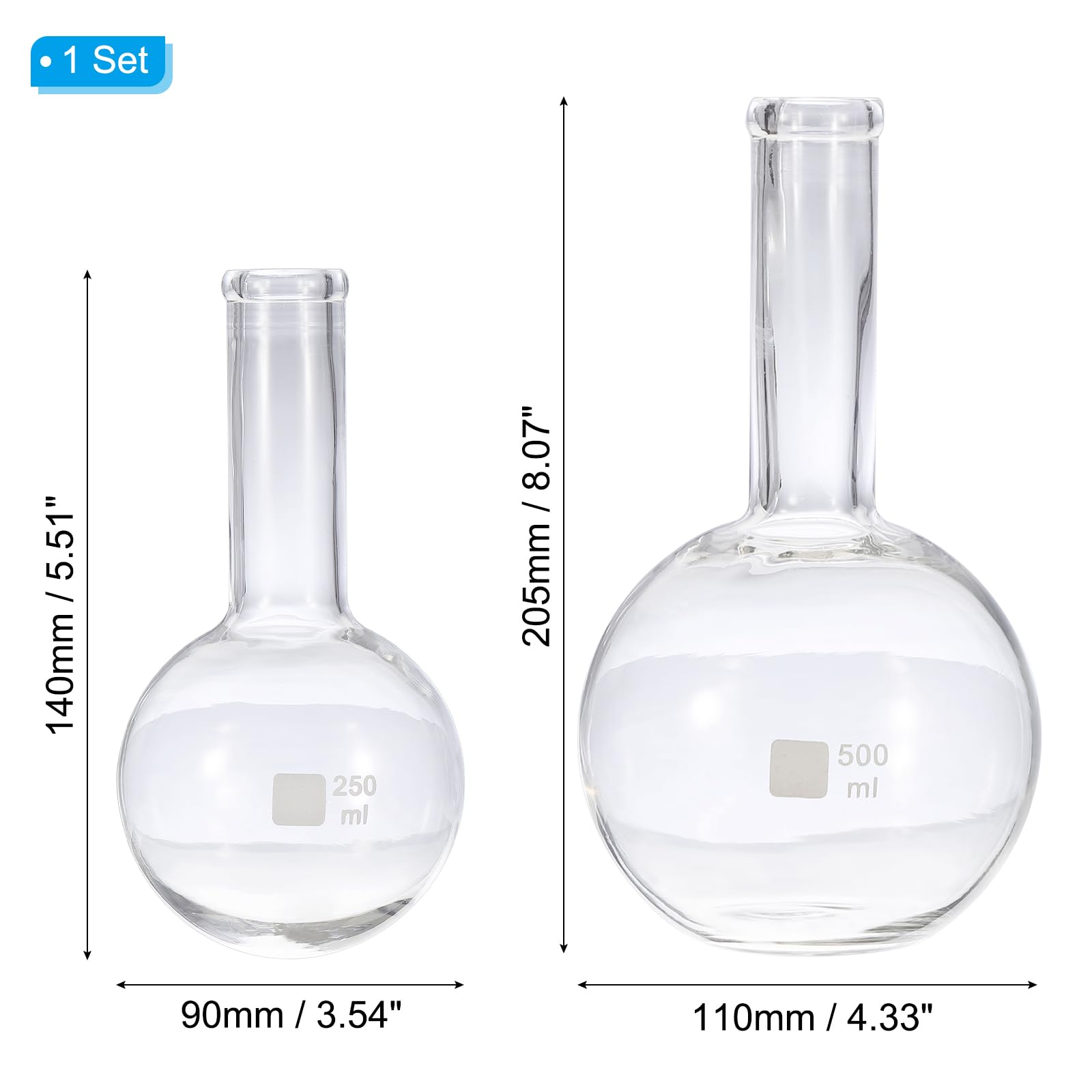 PATIKIL 250ml, 500ml Matraccio Da Ebollizione, 2Pack 3.3 Vetro Borosilicato Matraccio Monocollo Fondo Piatto Con Giunto Esterno Standard Conico 24/40 Per Laboratorio, Trasparente