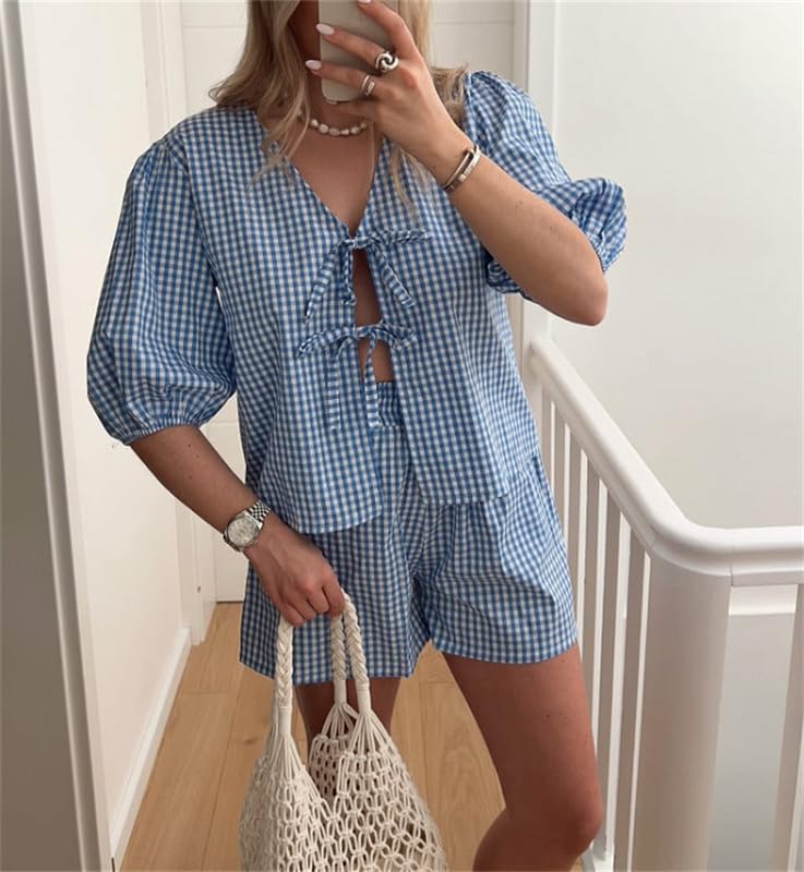 Image of Thopavenoir Women 2 Piece Casual Lounge Sets Y2k Puff Sleeve Peplum Shirt Tie Front Tee Shirt Shorts 2pcs Pajamas Sets