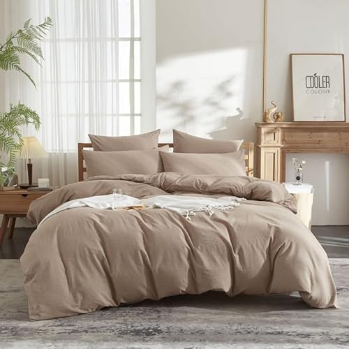 DXHOME Juego de ropa de cama de algodón de 200 x 220 cm, color marrón, suave, transpirable, acogedora, ropa de cama de algodón y lino, funda nórdica con cremallera y 2 fundas de almohada de 80 x 80 cm