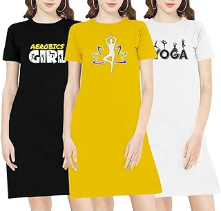 oplu Women's Regular Fit Knee Length Yoga Combo Cotton Graphic Printed Round Neck Pack of 3 with Yellow Yoga T Shirt-picture-35
