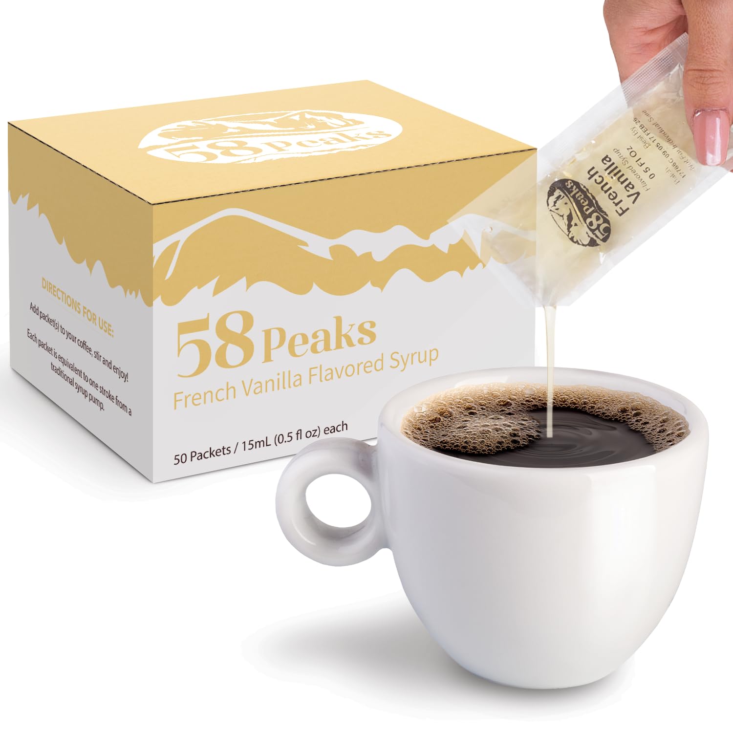 58Peaks French Vanilla Flavored Syrup Sweetener Packets for Hot and Cold Drinks | To-Go Syrup Flavoring Perfect for Coffee, Tea, Milkshake and More |
