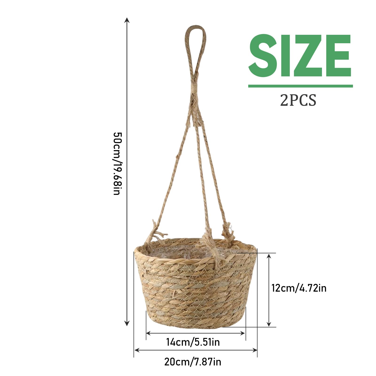 CHENGCKJ 2 sztuki doniczka wisząca z trawy morskiej kosz na rośliny boho ampel na kwiaty 20cm ręcznie tkany kosz na rośliny doniczka naturalna wisząca doniczka kosz naturalny kosz na rośliny ampel