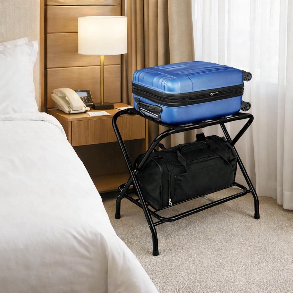 Multipurpose Foldable Suitcase Stand Metal Luggage Rack with Storage Shelf Powder Coated Finish Heavy Duty Nylon Strap Support Storage Shelf Bag Stand Shelf Household Storage Racks T40