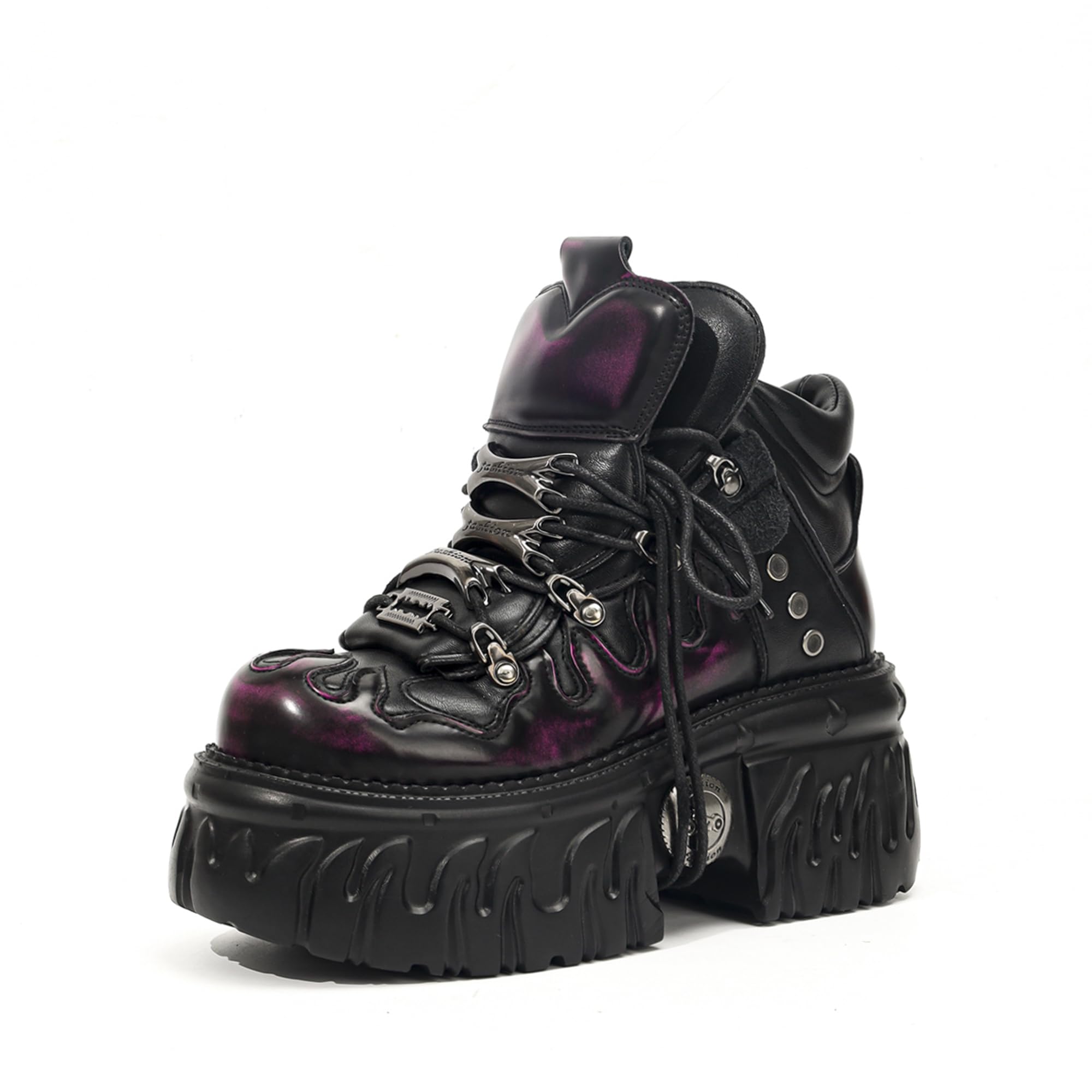 Punk Rock Heavy Metal Plateauschuhe Damen, Gothic Schnürstiefeletten mit Flammen-Design Chunky Plattform Metall Details