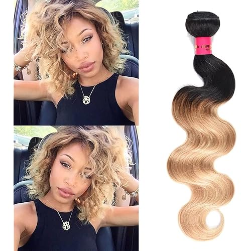 WOME Ombre Hair Bundles Brazilian Human Hair Bundles 1 Bundle Ombre Blonde Hair Weaves 8A Grade Human Hair Extensions (12",Color 1b/27)
