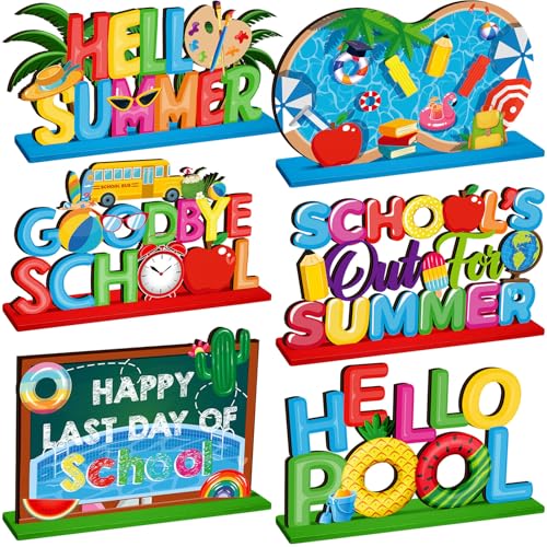 Image of CroBlissful 6 Pcs Schools Out for Summer Decorations Happy Last Day of School Table Sign School's Out of Summer Vacation Pool Wooden Tabletop Centerpieces for Holiday Party Supplies Home Decor