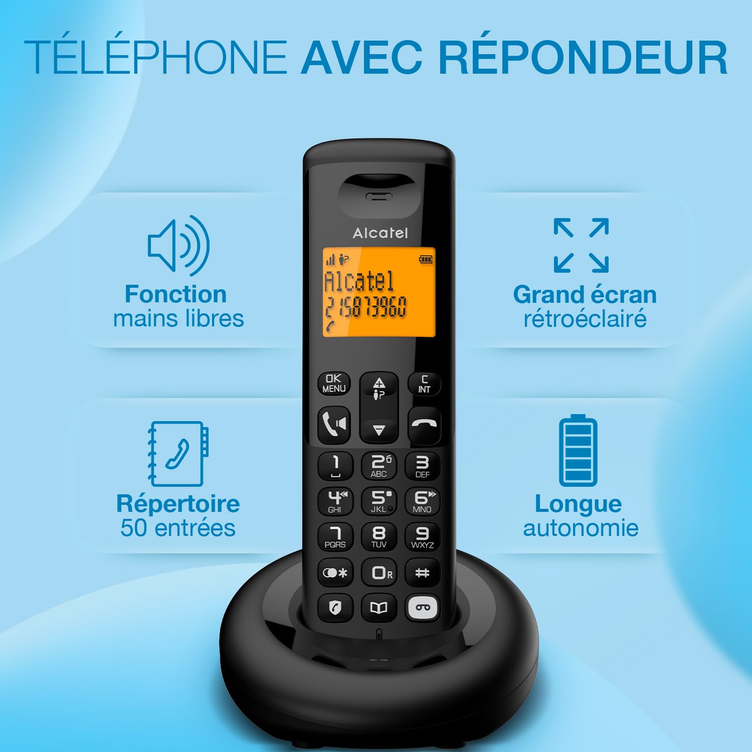 ALCATEL E260 S. Voice Téléphone Fixe sans Fil DECT Répondeur Design Compact Grand Écran Rétroéclairé Mains Libres Blocage des Appels Indésirables Noir