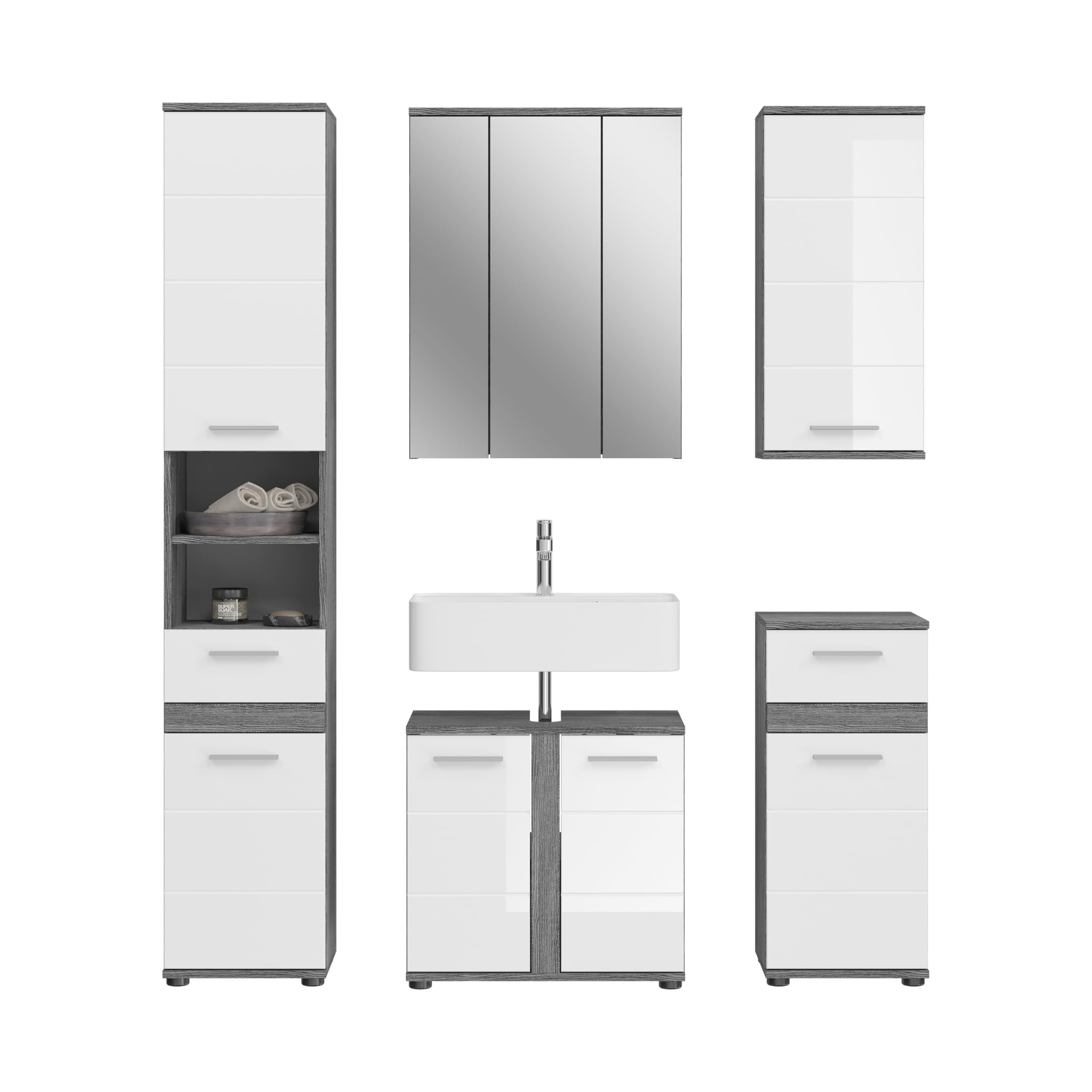 xonox.home Badezimmer Blake 5tlg. Kombination Badmöbel Set Set für kleine Bäder Komplettprogramm Badezimmer Bademöbel-Set in weiß Hochglanz, rauchsilber Nachbildung