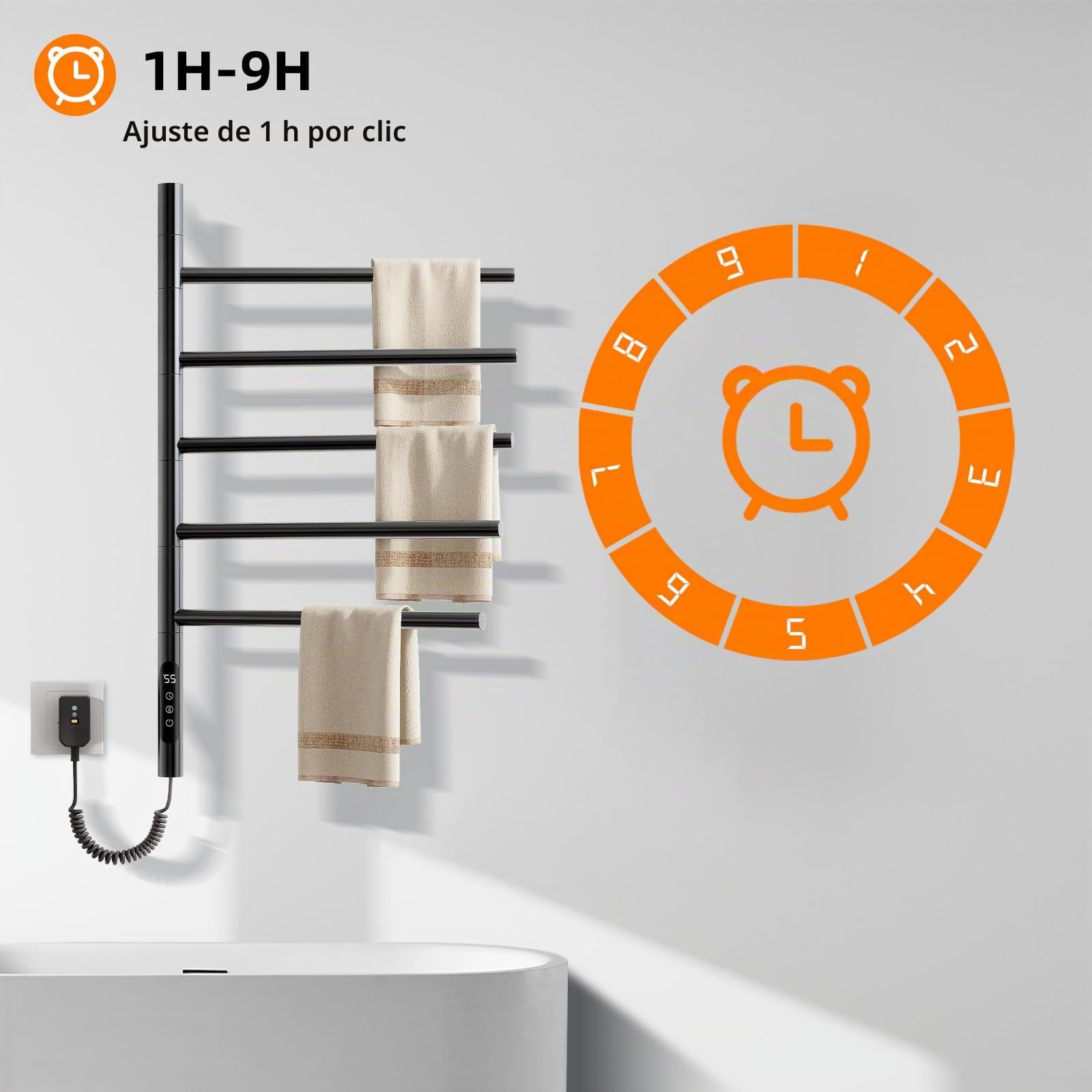 Toallero Electrico Baño, Rotación de 180° Radiador Toallero Electrico, 675x415mm, Secatoallas, Calentador de Toallas, Toallero Baño Radiador, Temperatura Ajustable, Bajo Consumo, Impermeable-Black