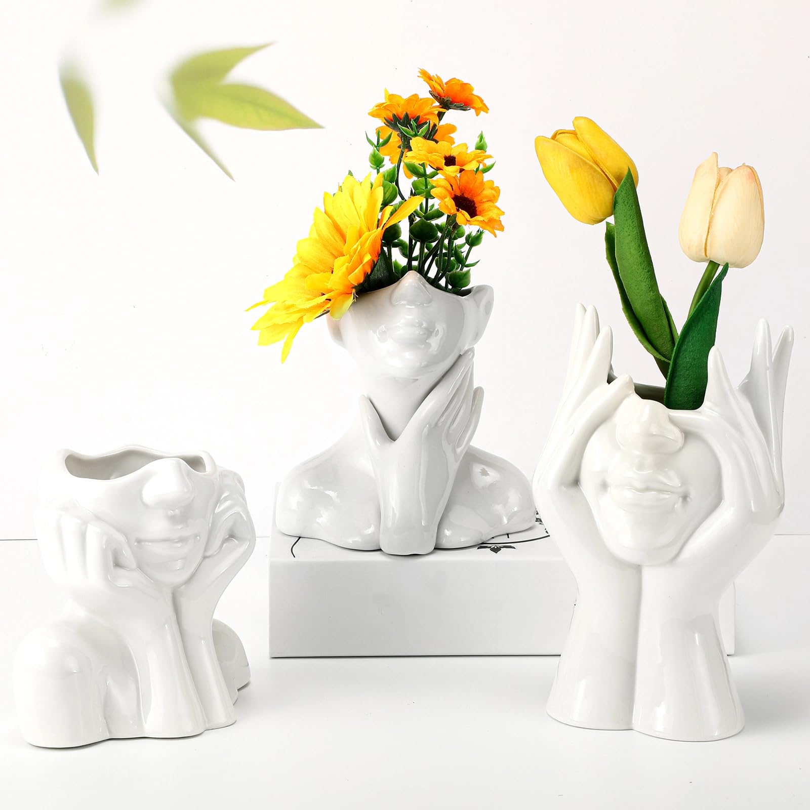 Sieral 3 vasi da fiori in ceramica a forma femminile, per la decorazione moderna, vaso decorativo per il corpo, vaso a testa a metà busto per tavolo, mensola, casa, camera da letto, ufficio (grande,