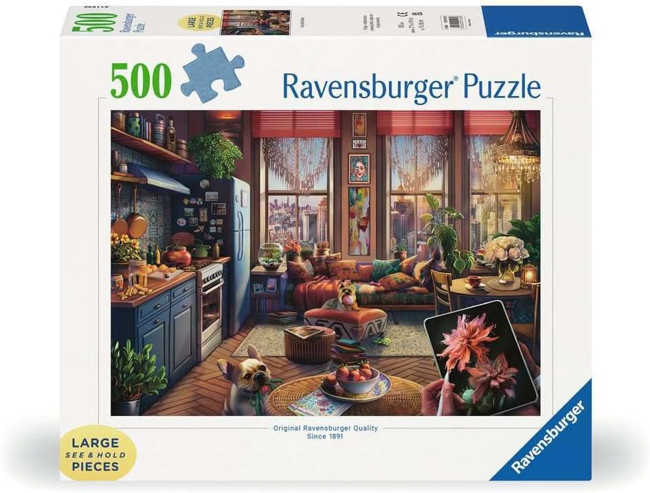 Ravensburger - Cozy Boho Studio - 500 Piece Large Format Jigsaw Puzzle - Charming Studio with a View - Bright, Homey Imagery - Frameable - Premium Quality - Puzzles for Adults