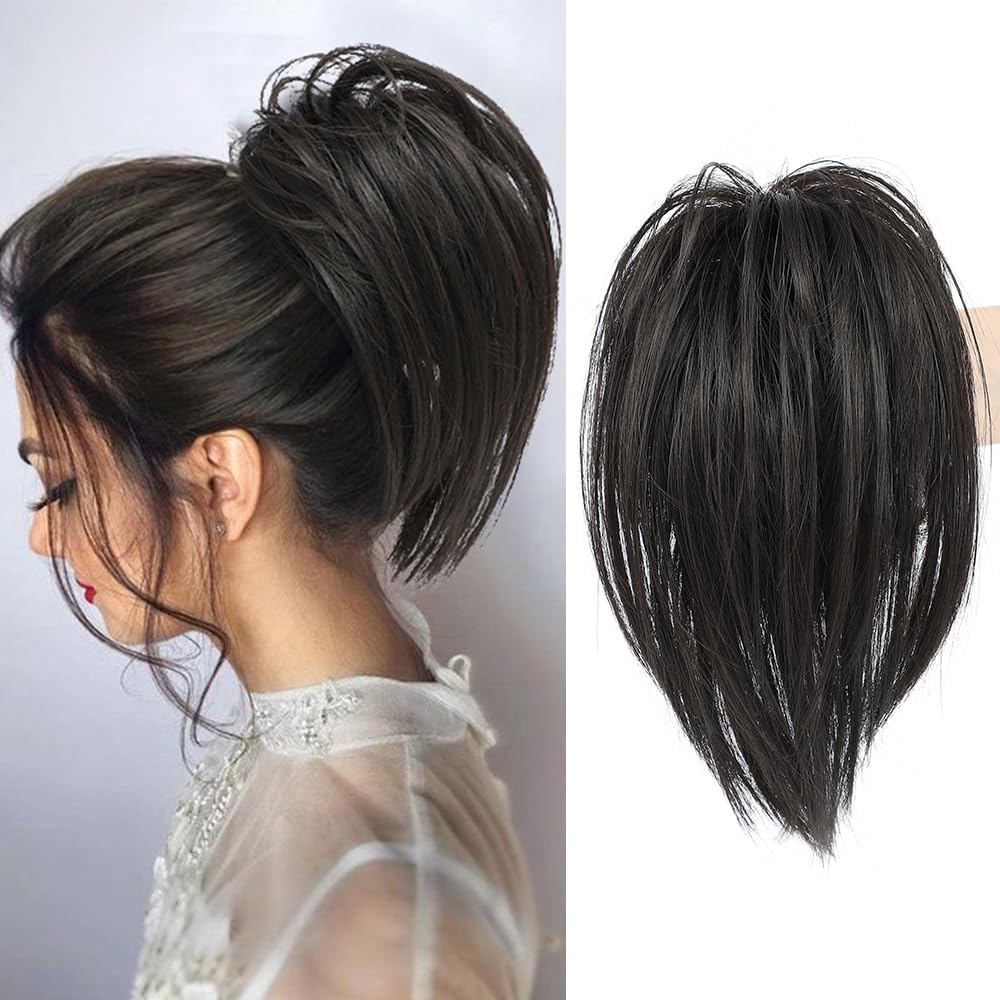 DAZZ LOOK® Messy Bun Hair Extension Claw Clip in Hair Buns for Women Straight Short High Ponytail Extension Tousled Updo Faux Hair Bun for Girls, 12 Inches Long, Matte Finish (Brownish Black)-image-32