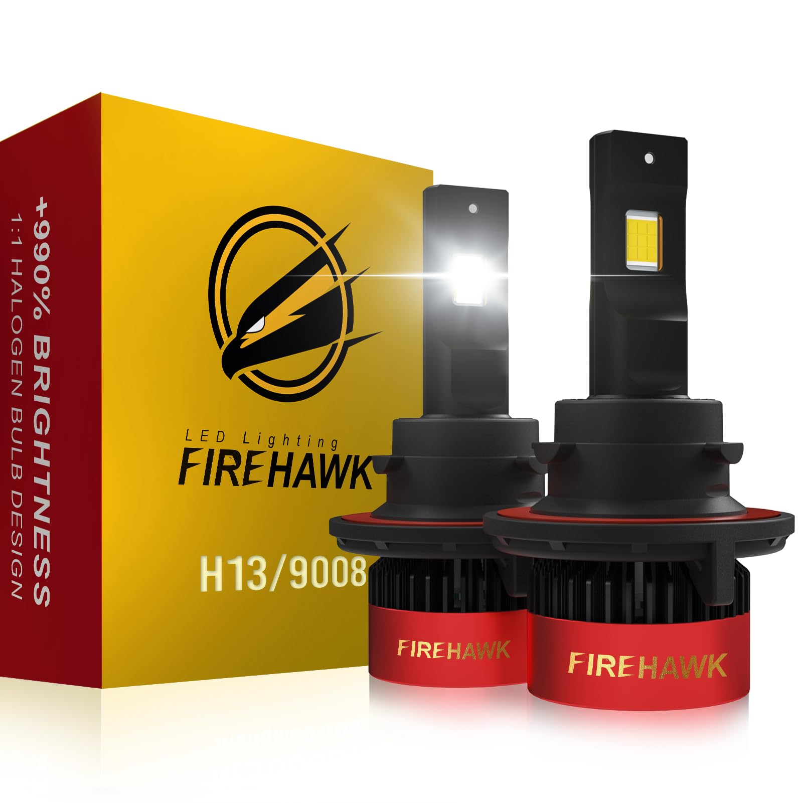 Firehawk H13/9008 LED Bulbs 40000LM 990% Brightness 6000K Cool White Plug and Play Halogen Replacement Conversion Kit 2024 Upgraded, Fog Light, Pack of 2