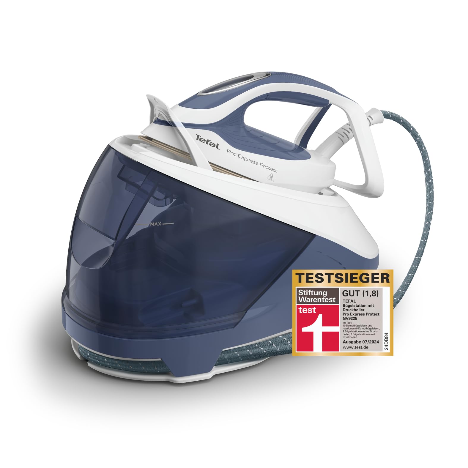 Tefal Pro Express Protect Dampfbügelstation, 7,6 Bar Dampfdruck, variable Dampfmenge: 140 g/Min., Dampfstoß: 550 g/Min., Anti-Kalk-Kollektor, vertikale Dampffunktion, blaugrau/weiß, GV9225
