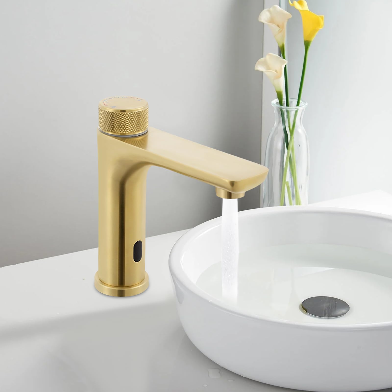 Rubinetto a infrarossi per bagno con sensore, miscelatore monocomando senza contatto, rubinetti per lavabo, rubinetto automatico in acciaio inox per bagno (oro)
