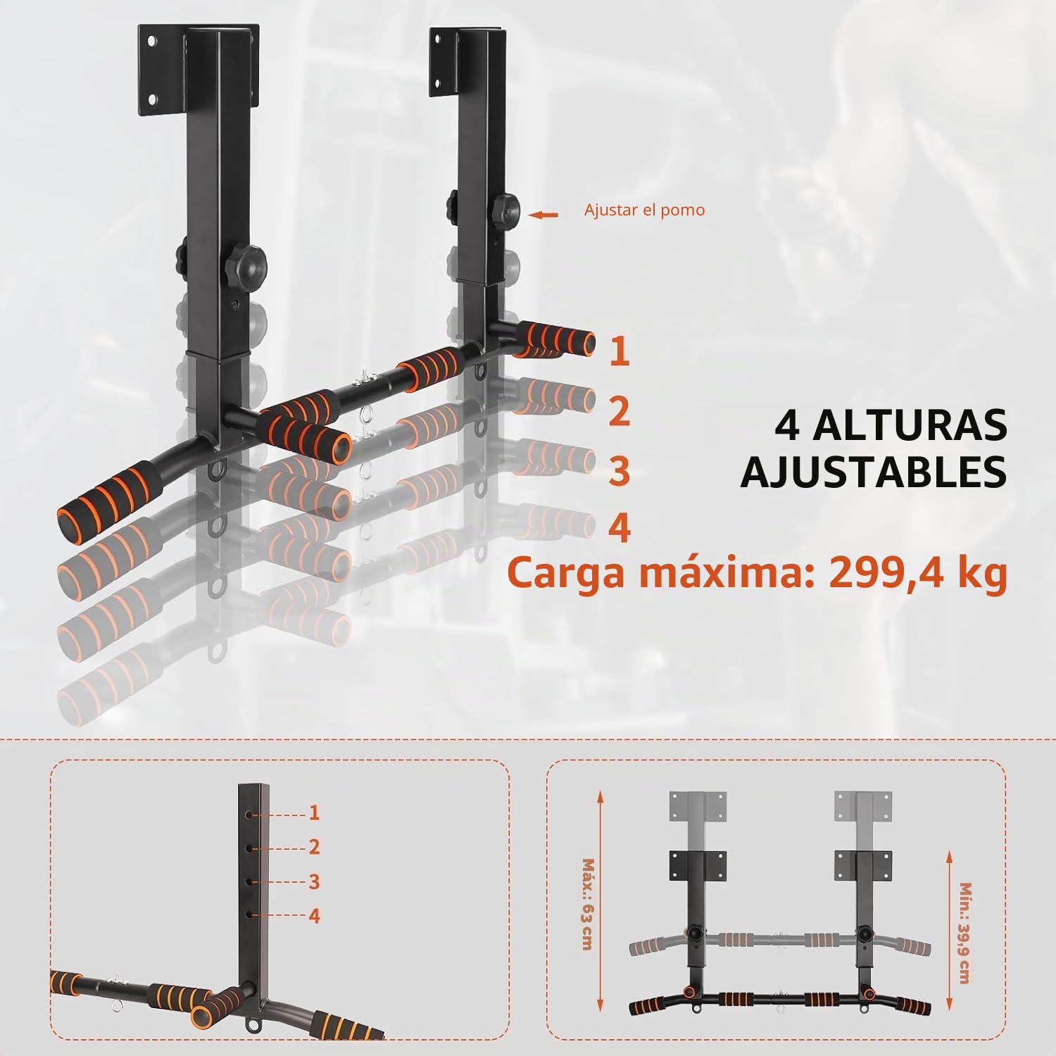 Barra de dominadas de altura ajustable resistente hasta 200 kg con agarres antideslizantes, equipo de entrenamiento de fuerza para el hogar y el gimnasio
