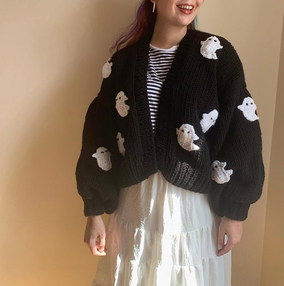 Lunoakvo Women Ghost Halloween Cropped Long Sleeve Open Front Knitt Cardigan Sweater - Image 6