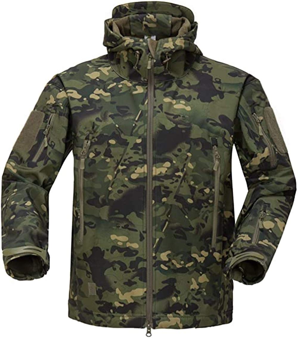VADOOLL Tactische jas voor heren, softshell fleece capuchon, outdoorjas, warme winterjas, militaire softshell tactische jas, Cp Groen, 5XL